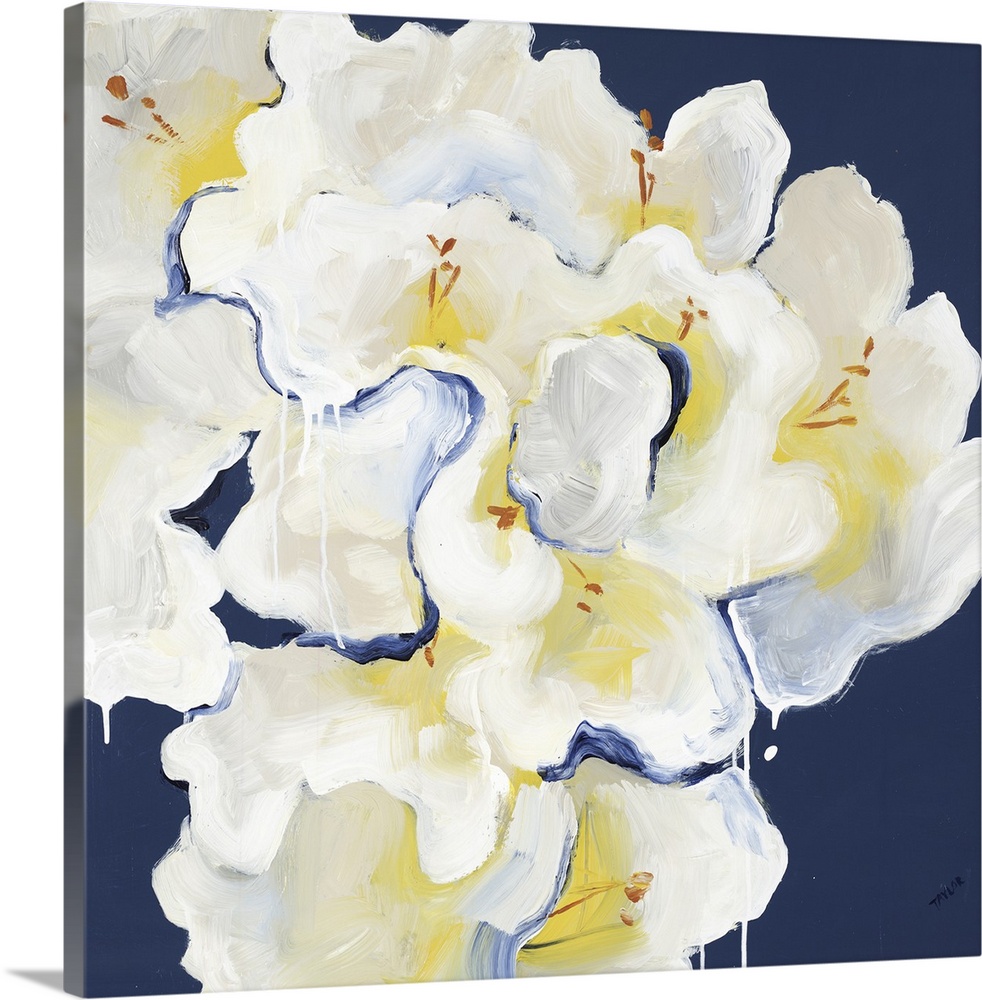 Square painting of a bouquet of white Rhododendrons against a dark blue backdrop.