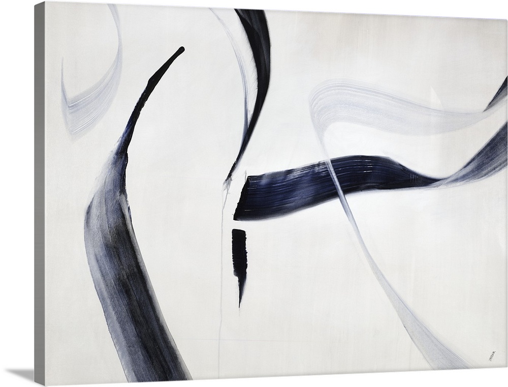 Bold brush strokes of dark blue and gray, in the appearance of a floating ribbon, against a white backdrop.