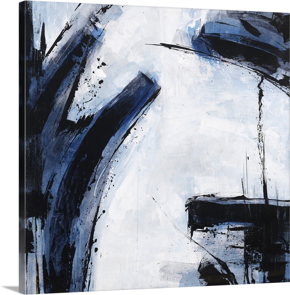 Abstract painting using dark blue and black colors against a pale blue blue background.