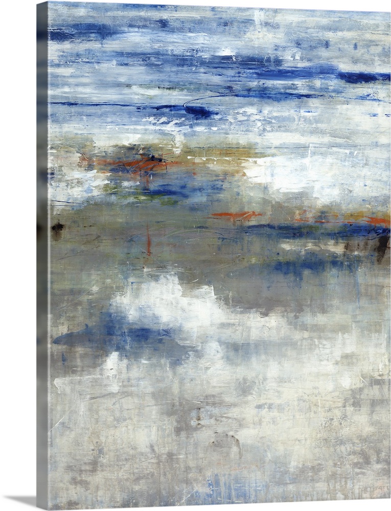 Contemporary abstract painting with cool blue, gray, and white tones with hints of warm gold and orange.