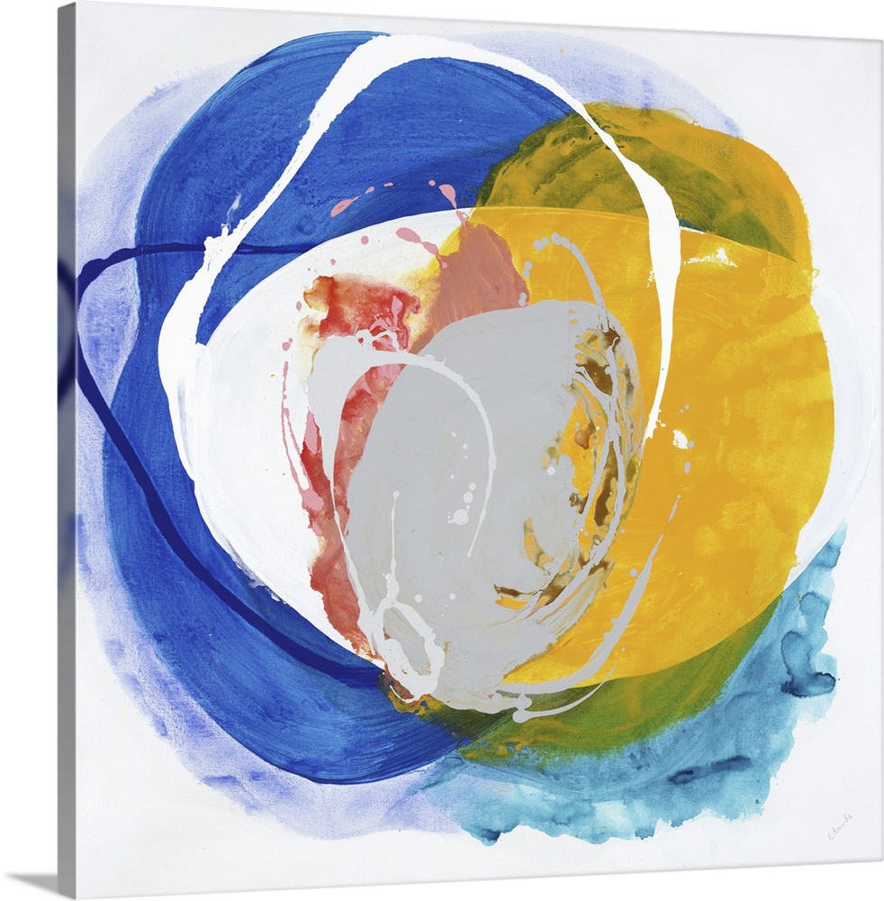 A bright abstract painting in a circular shape in colors of blue and yellow.