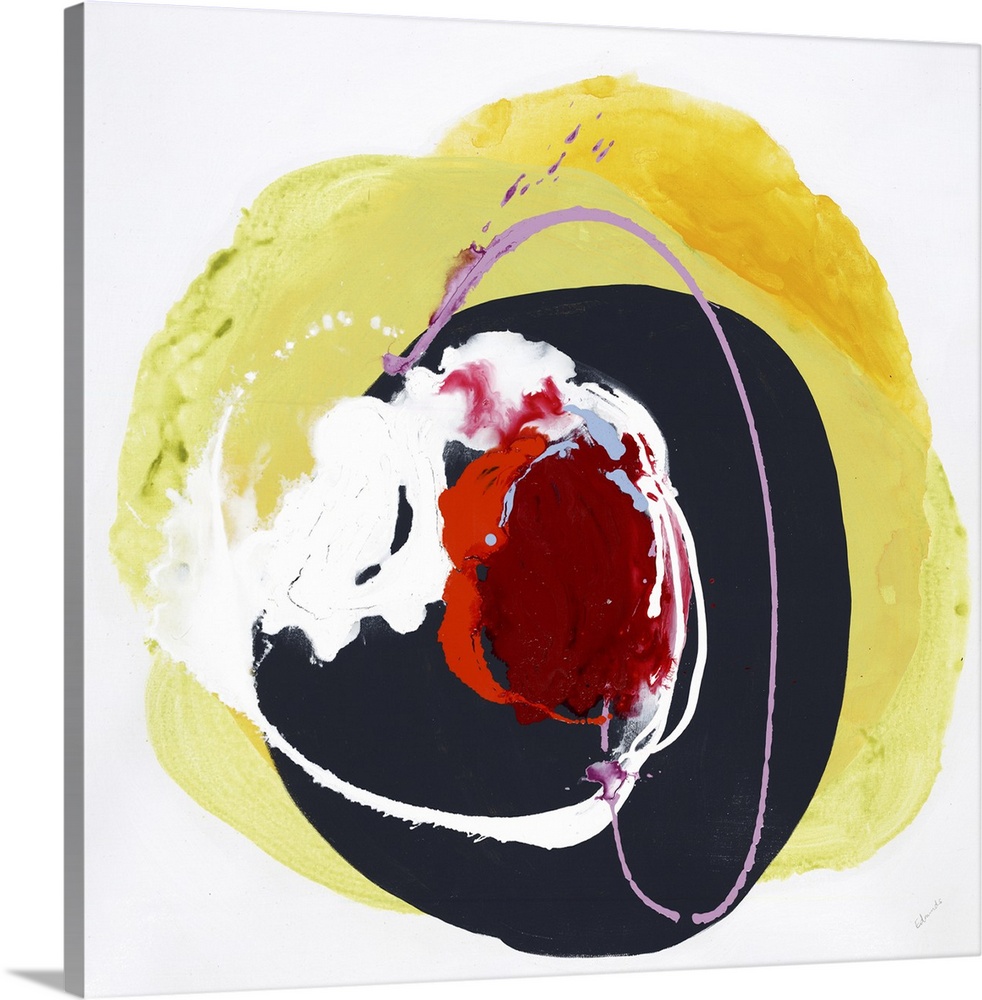 A vibrant abstract painting in a circular shape in colors of red and yellow.