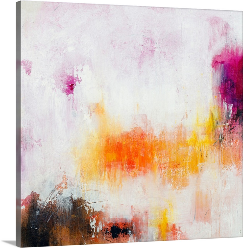 Large abstract painting in warm pink, purple, yellow, and orange hues on a square canvas.