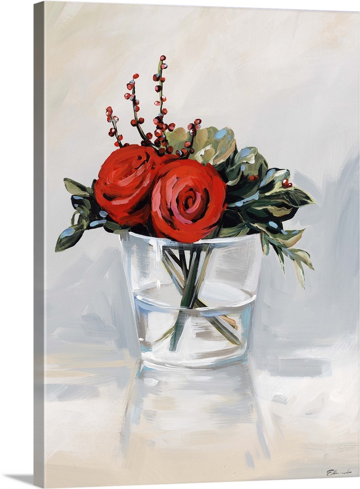 Contemporary artwork of red roses in a clear glass vase.