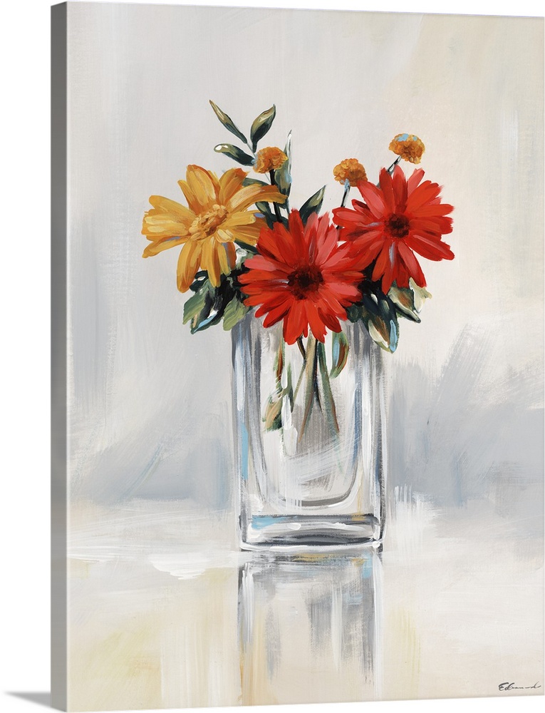 Contemporary artwork of red and yellow daisies in a clear glass vase.