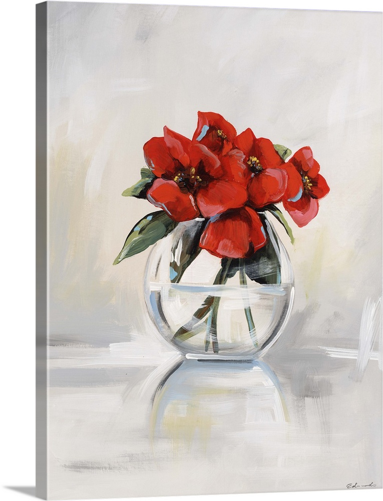 Contemporary artwork of red poppies in a clear glass vase.