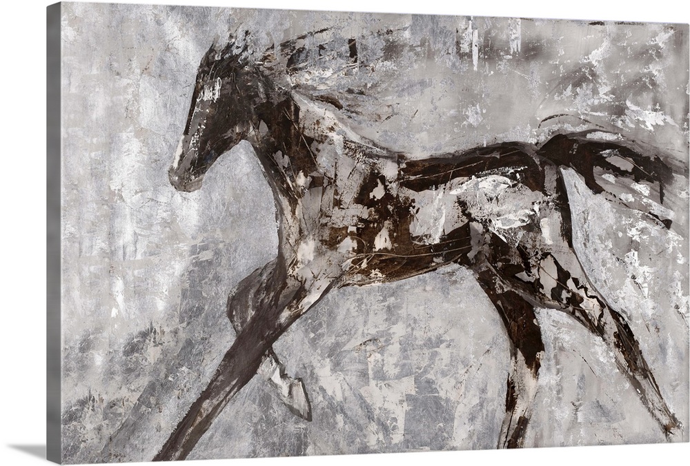 Contemporary artwork of a dark horse at full gallop.