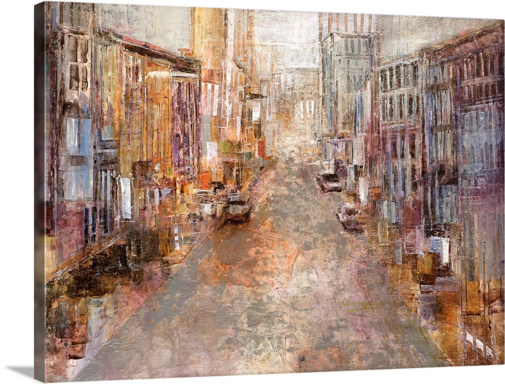 A contemporary piece of artwork with multicolored buildings lining a street that goes back toward the center of the painting.