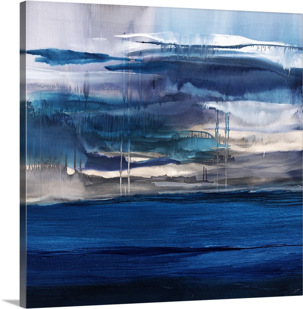 Square abstract painting with shades of blue layered on top of each other and dripping towards the bottom and stopped by a...