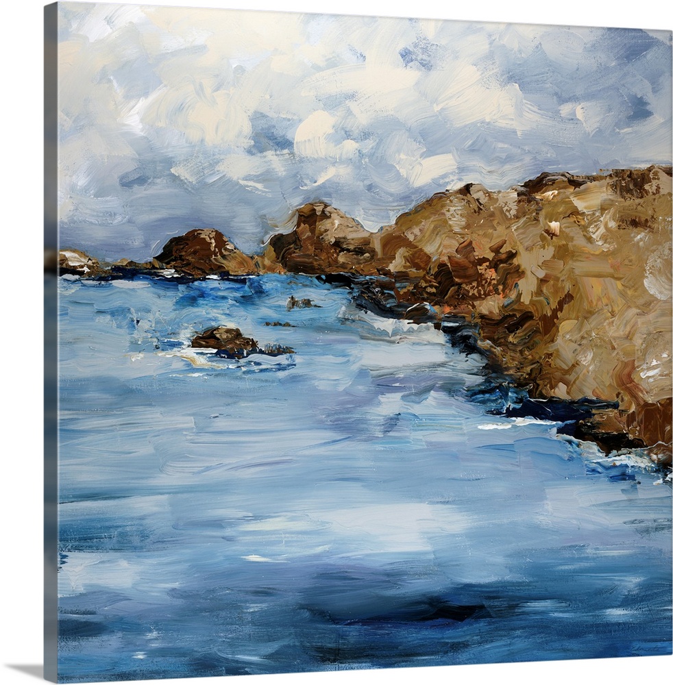 Square, giant painting of a rocky coastline beneath a cloudy sky, painted with large, layered, directional brushstrokes.