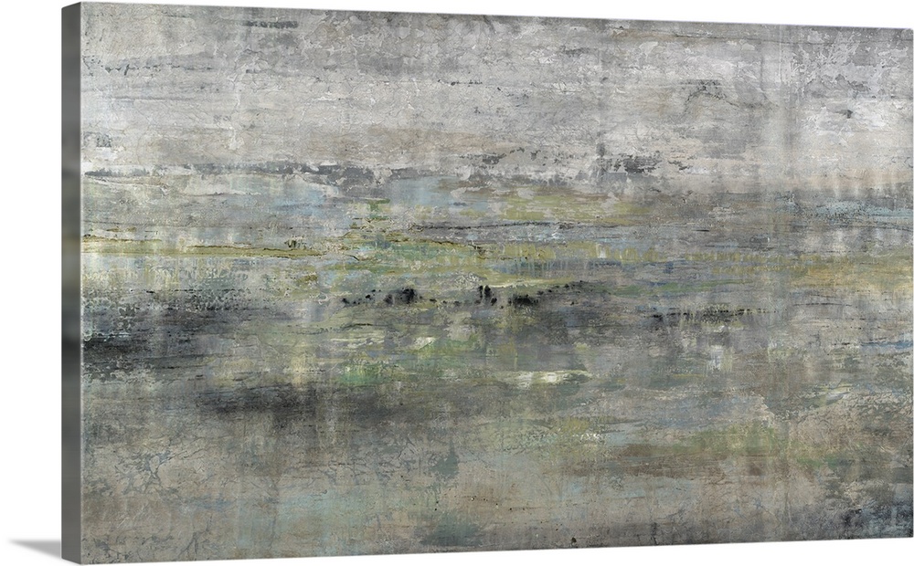 Contemporary painting resembling an antique wood texture, painted in horizontal strips of various earth tones.