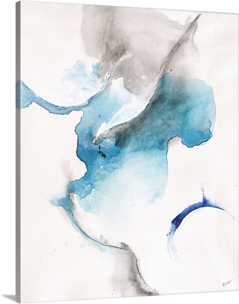 Contemporary abstract painting with gray and blue hues on a white background.
