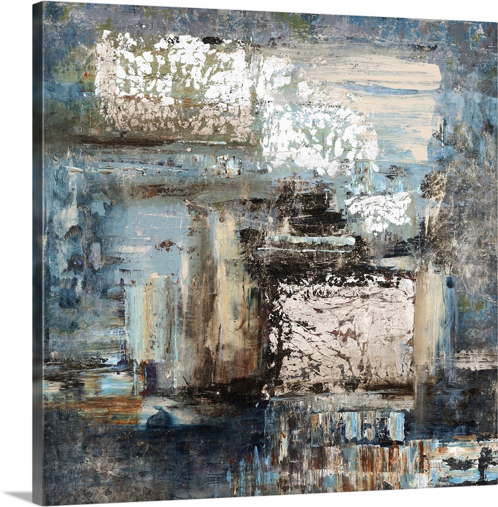 Contemporary abstract painting of blue and neutral earth tones merging together.