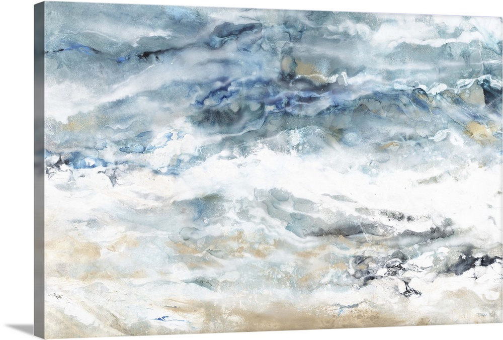 Abstract painting with watery looking hues with shades of blue, white, and tan resembling a seascape.