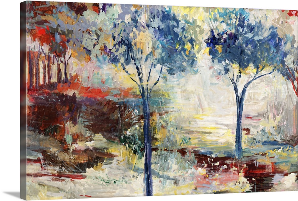 Contemporary landscape painting of a colorful forest filled with trees.