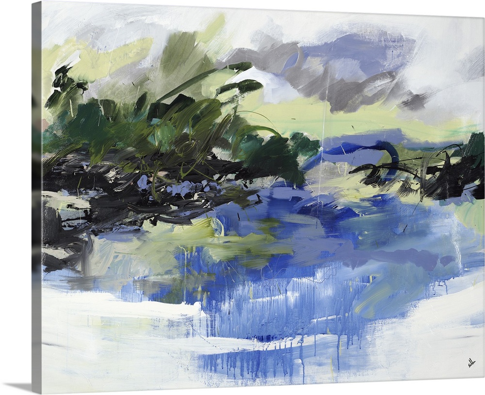 An abstract landscape of a lake surrounded by trees.