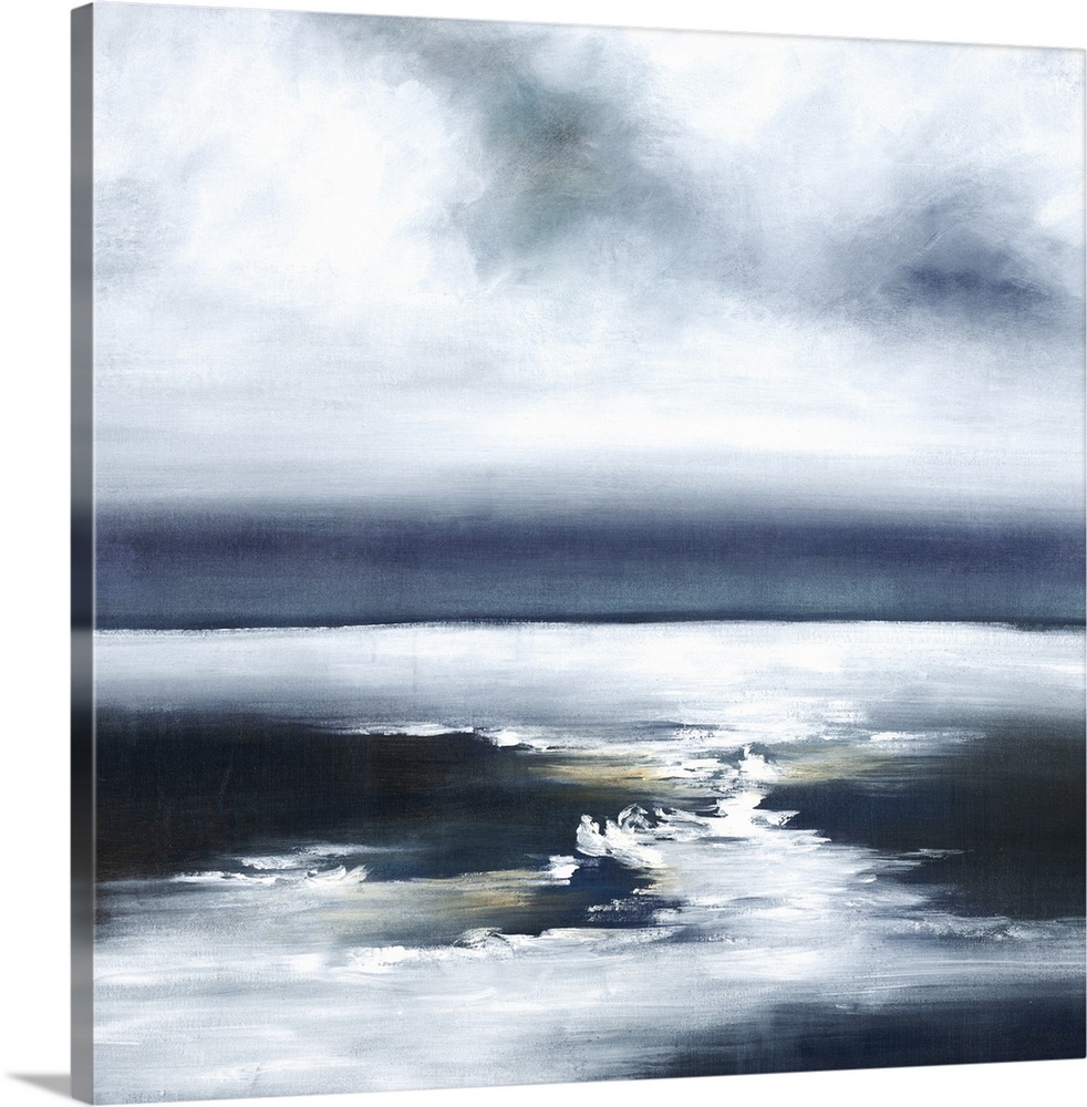 Contemporary painting of a calm seascape with blue tones.