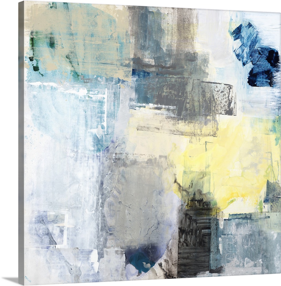 Contemporary abstract painting with pale paint textures layered next to and on top of each other with pops of blue.