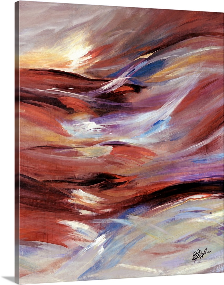 Vertical, oversized artwork for a living room or office of horizontal, wavelike brushstrokes in warm tones that meet rough...