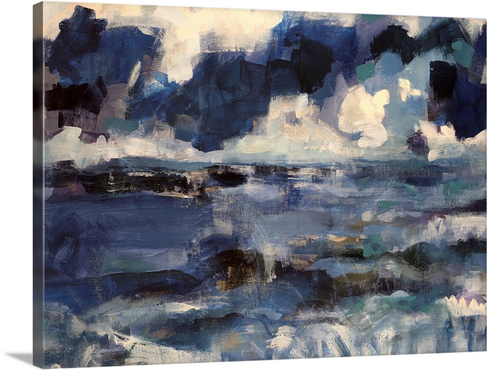 Abstract artwork that uses various shades of blue that depict an ocean below with a cloudy sky above.