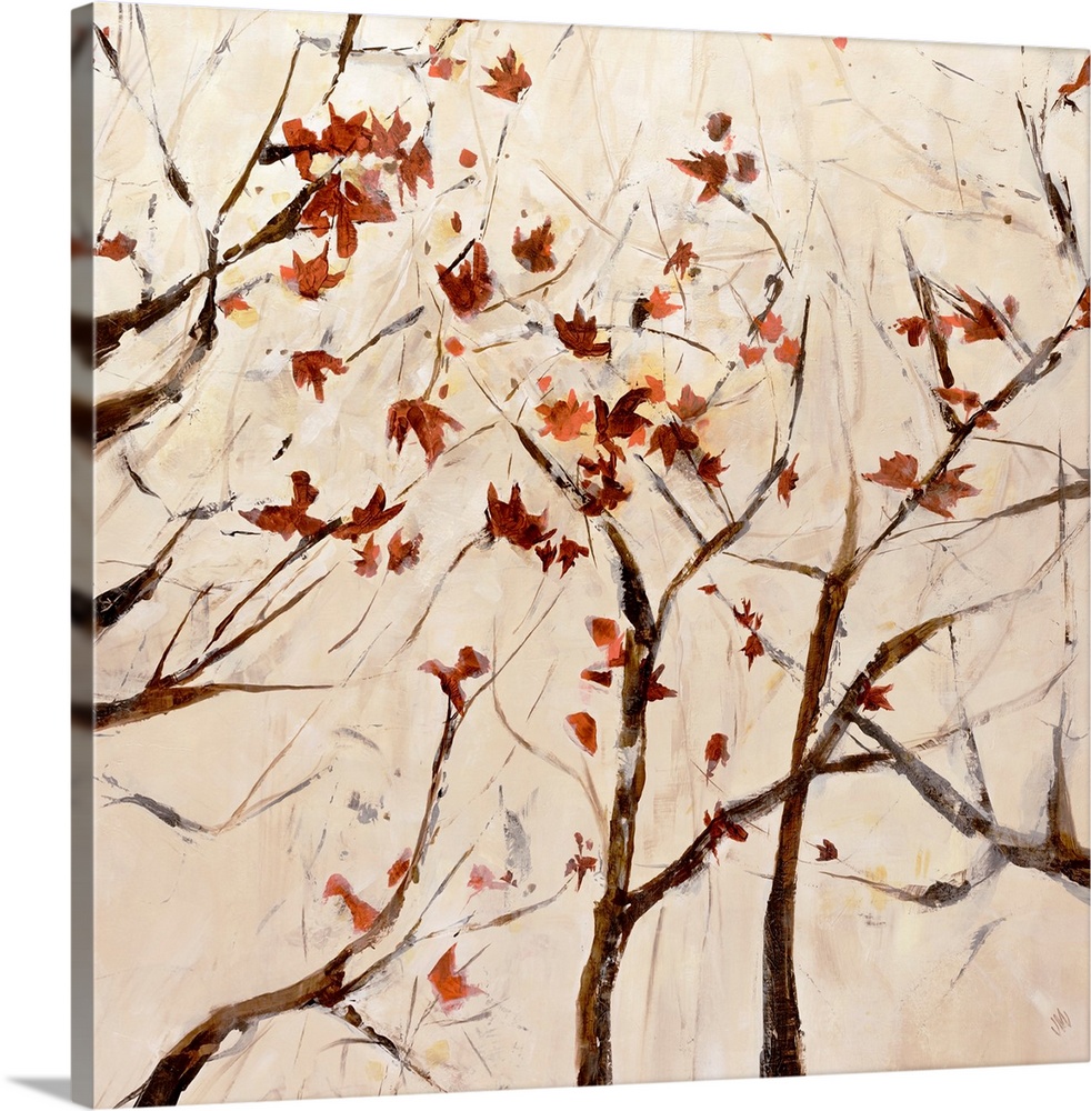 Contemporary painting of several thin branched trees with scattered fall leaves.
