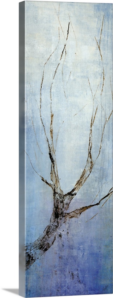 Contemporary artwork with a single bare tree branch going vertically and a blue background.