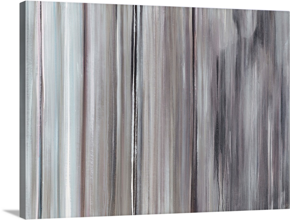 Contemporary painting of many vertical stripes in varying cool and neutral tones that darken toward the right side of the ...