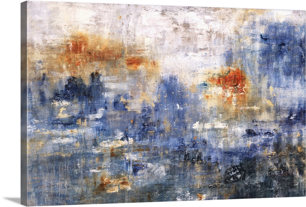 Large abstract art with shades of blue, orange, and gray.