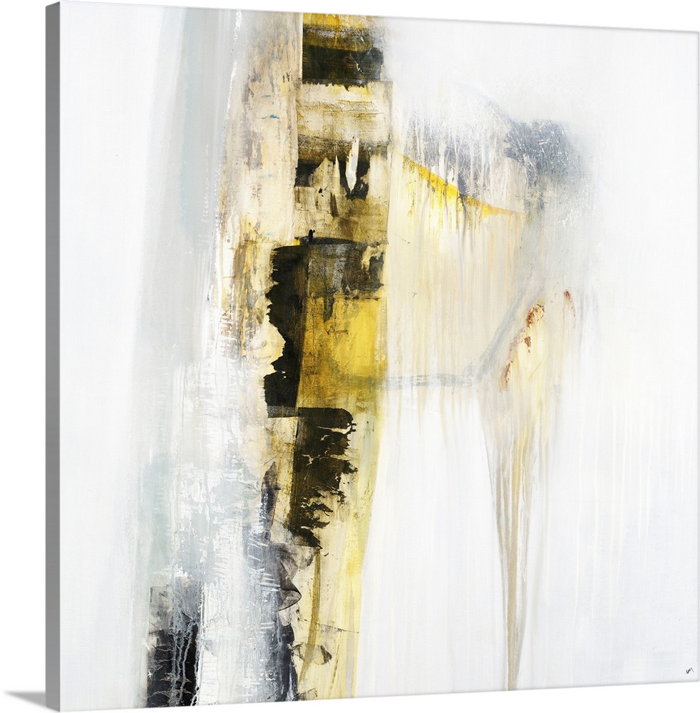 Square abstract painting with a yellow and black vertical line going down the canvas with a faint circle in the background...