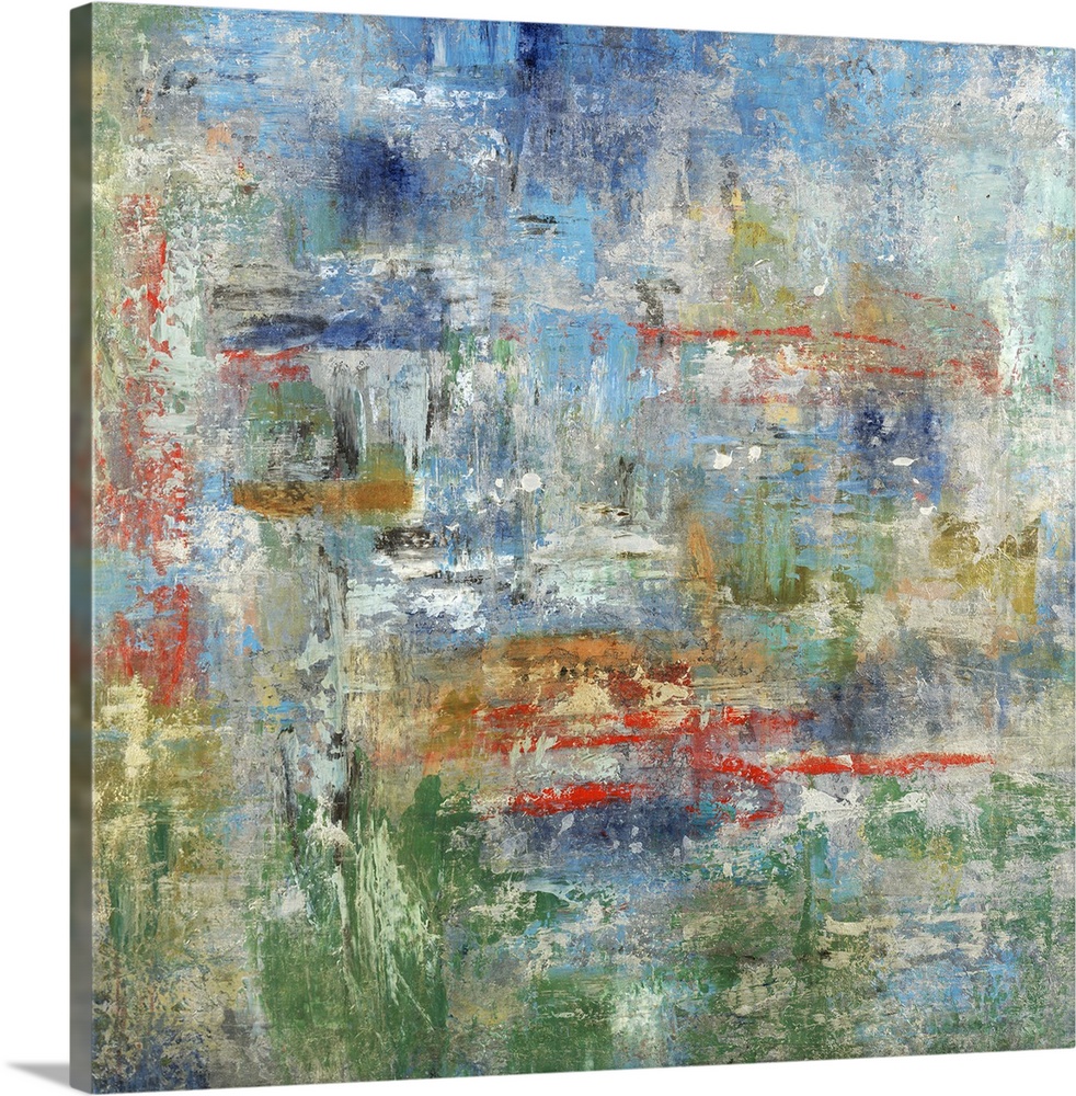 Square abstract painting in blue, green, red, gold, and gray hues.