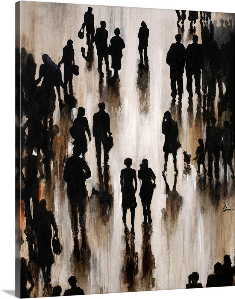 Contemporary painting of silhouetted figures casting shadows, all appearing as if motion.