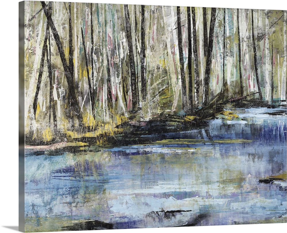Horizontal painting of a river flowing through a forest.