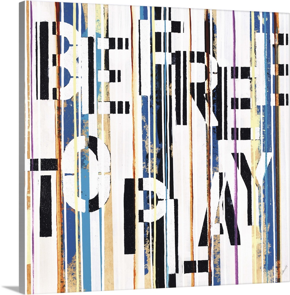 Contemporary artwork with the text "be free to play" hidden in vertical stripes.