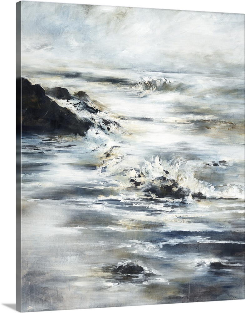 Contemporary painting of a beach landscape with waves crashing onto the shore and large rocks.