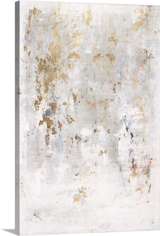 Metallic gold splotches on a silver and white background with tiny hints of color throughout.