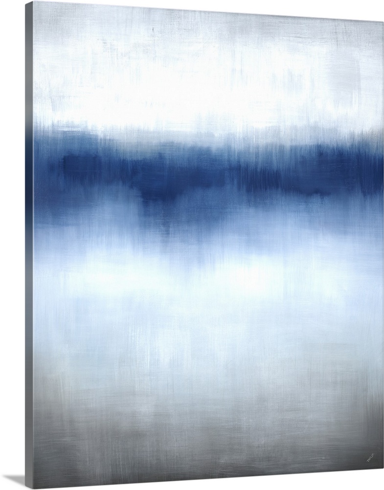 Contemporary abstract painting of a blue horizon line that blends into a light neutral area above and below, then graduall...