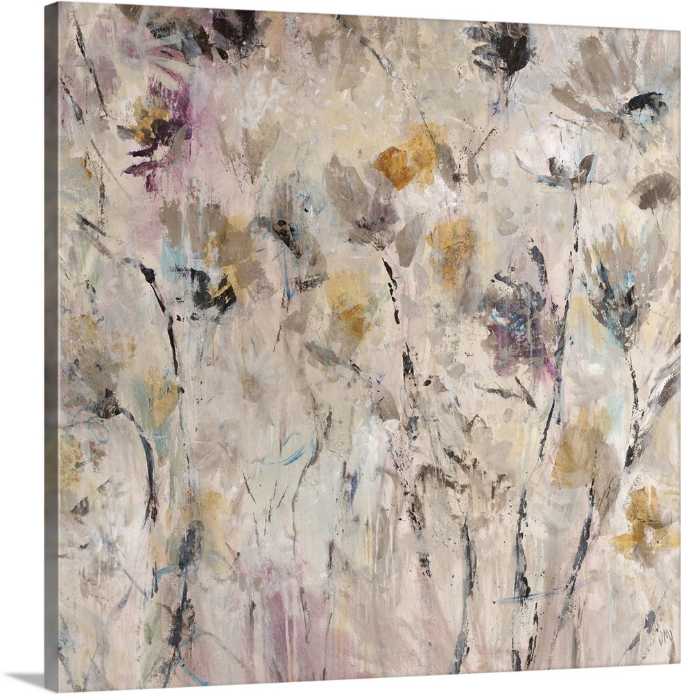 Contemporary abstract painting using predominant earth tones mixed with hints of color creating abstract flowers.