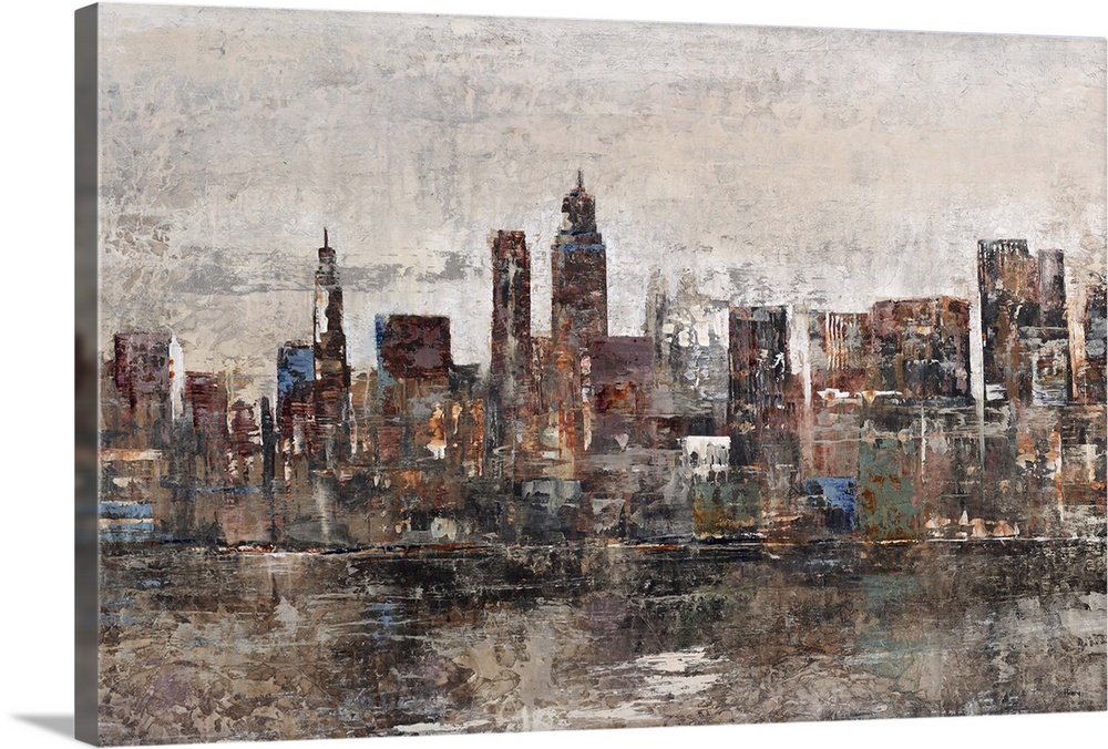 Contemporary painting of a cityscape reflecting in the water found in the foreground, beneath a light, cloudy sky.