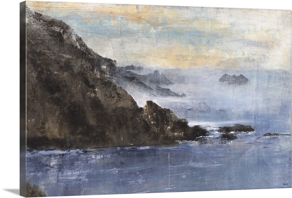 Contemporary landscape painting of blue water surrounded by rocky cliffs.