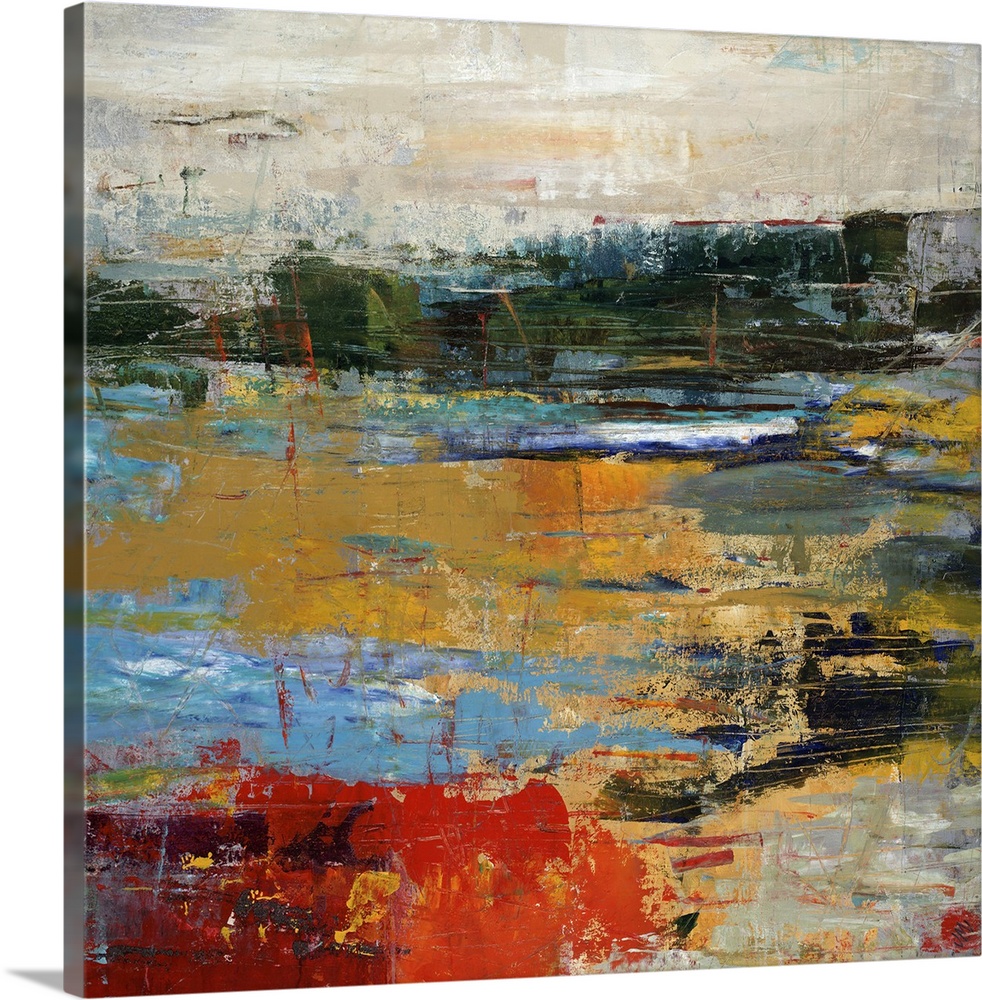 Abstract landscape painting of a golden sunset along a vibrant shoreline.