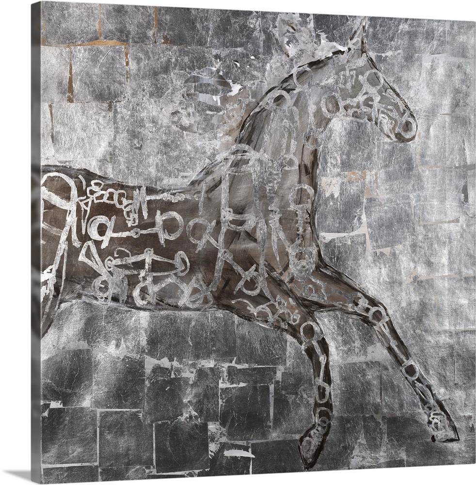 Contemporary painting of horse figure in a bronze and silver pattern against a gold block background.