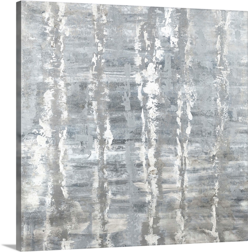 Square abstract art with horizontal brushstrokes in the background and vertical lines in the foreground, all in silver, gr...