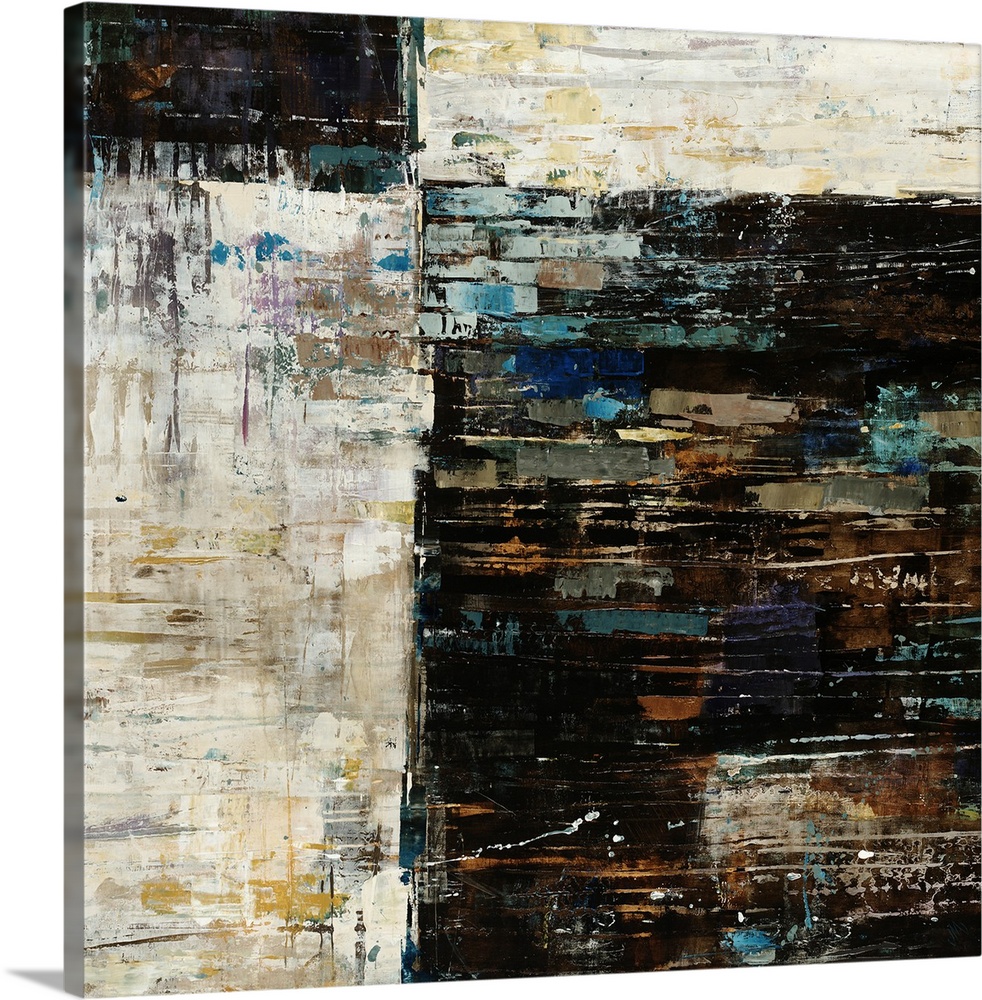 Abstract painting on canvas of dark and light colored squares with different colored brushstrokes on top of it.