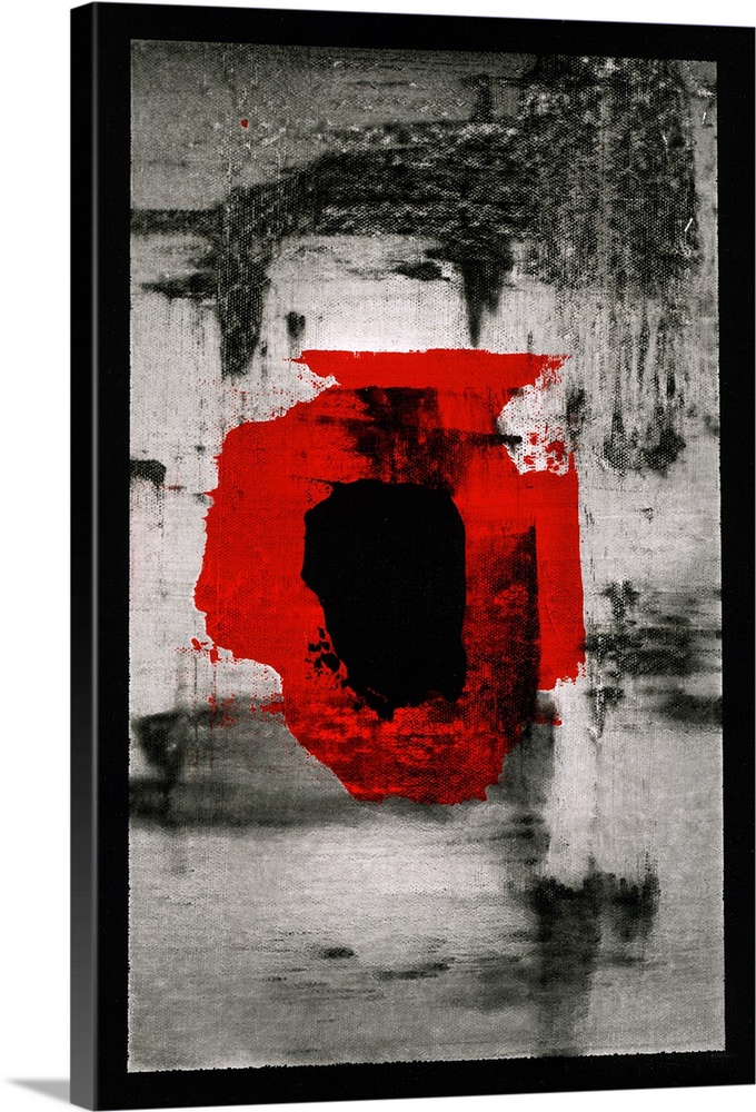Contemporary abstract painting made with dark black and gray hues, a bright red shape in the middle, and a solid black boa...