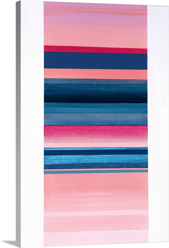 Contemporary abstract painting that has a skinny rectangle in the center with pink and blue horizontal lines inside on a w...
