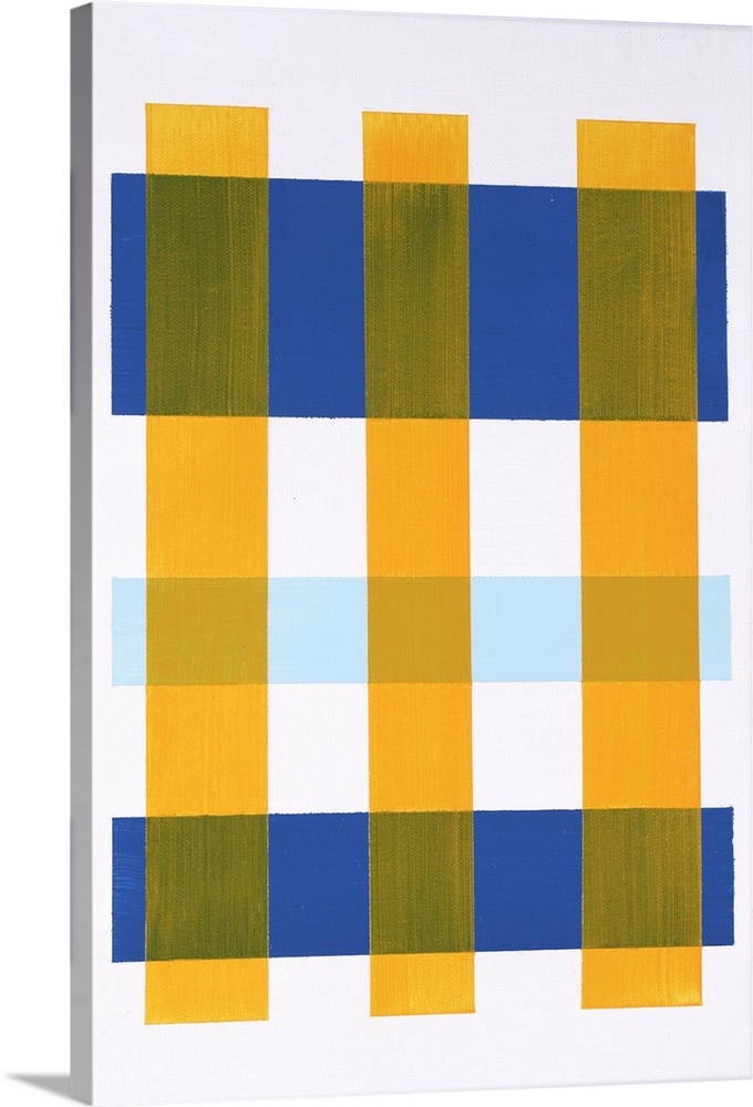 Contemporary abstract painting with yellow vertical lines on top of blue horizontal lines creating a plaid-like design.