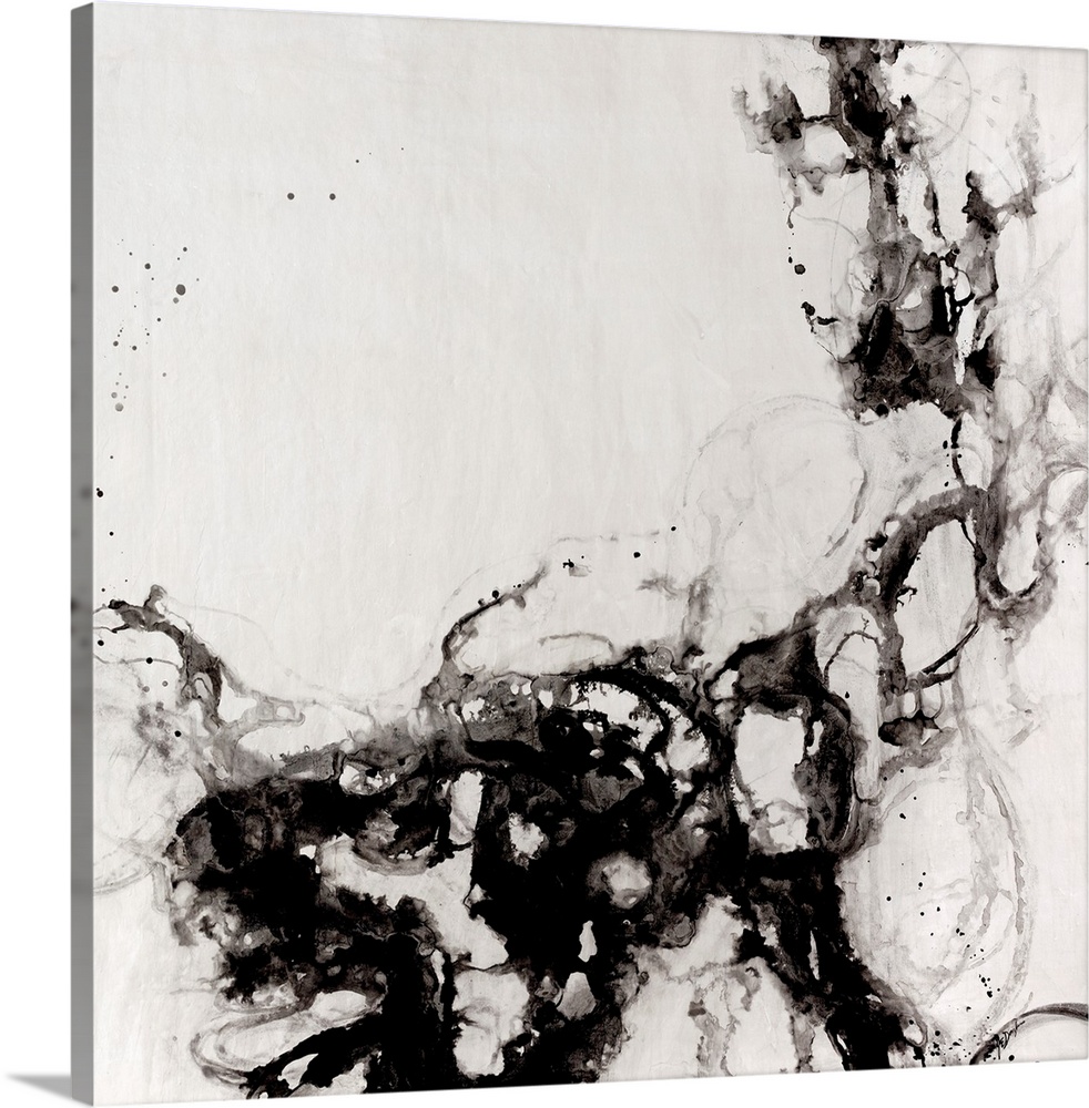 This sizeable piece of abstract artwork shows smoke like patterns contained to the bottom and right side of the print.