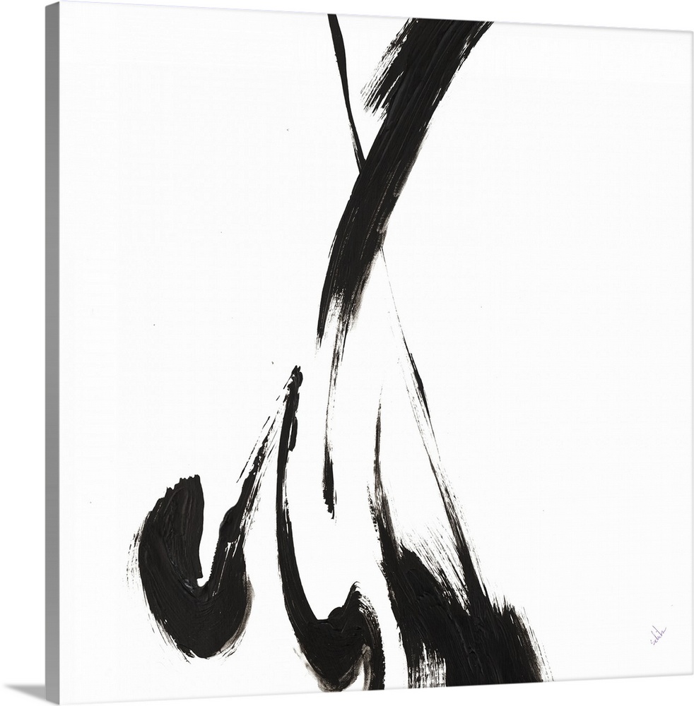 Contemporary abstract art work of a few large brush strokes of black paint against white.