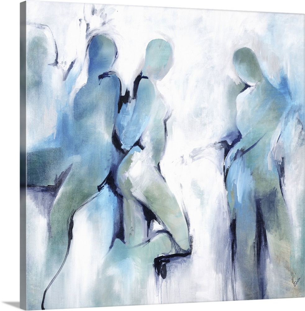 An abstract painting of shapes of people in black lines and blue brush strokes.