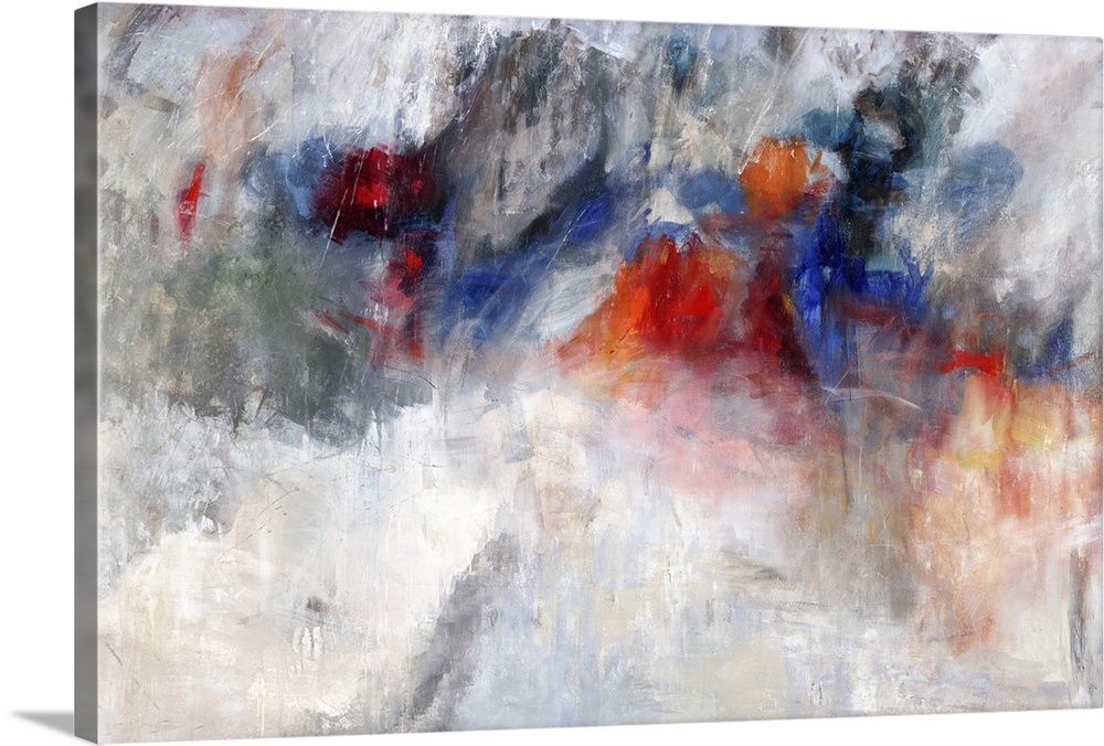 Abstract painting of textured brush strokes in colors of red, blue and gray.
